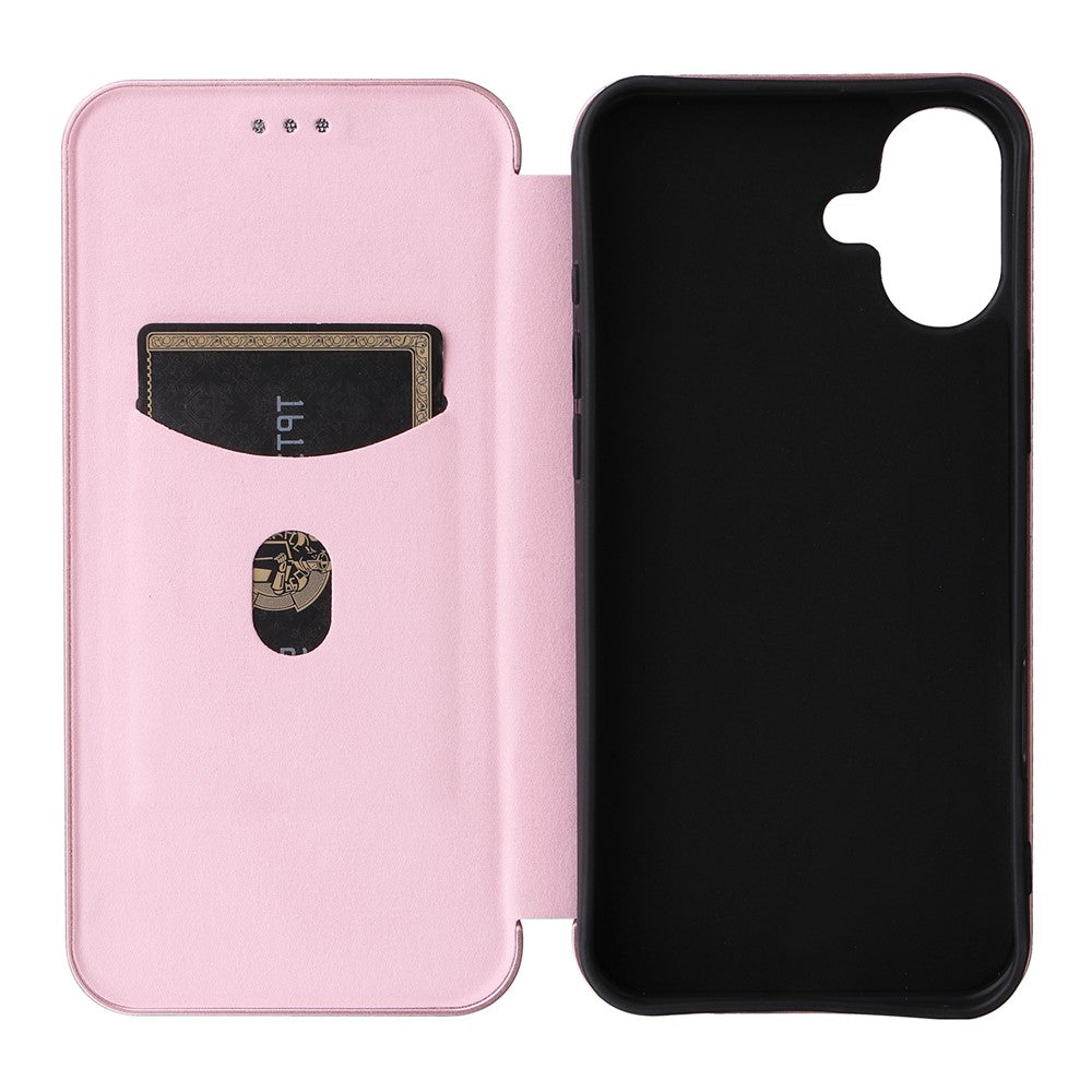 For iPhone 16 Plus Case PU Leather Carbon Fiber Texture Phone Cover with Card Holder