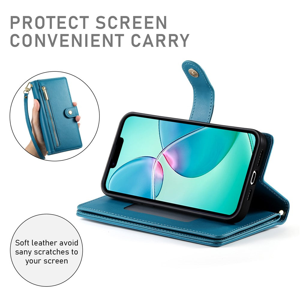 DF-011 For iPhone 17e / 16e Case Zipper Wallet PU Leather Crossbody Phone Bag