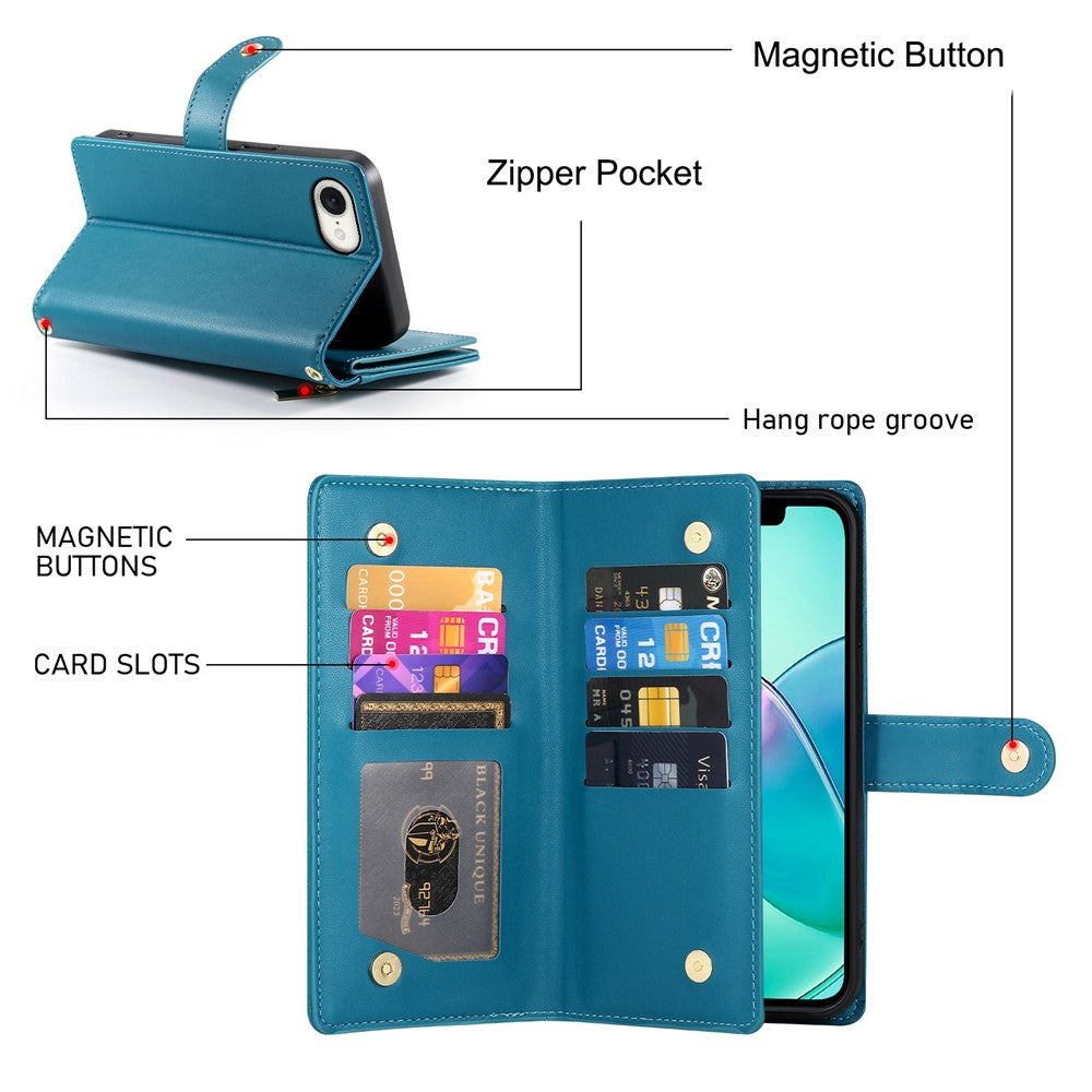 DF-011 For iPhone 17e / 16e Case Zipper Wallet PU Leather Crossbody Phone Bag