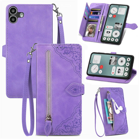 Nothing CMF Phone 1 Wallet-Handyhülle – Mit Reißverschluss & Riemen, Blumenmuster, PU-Leder