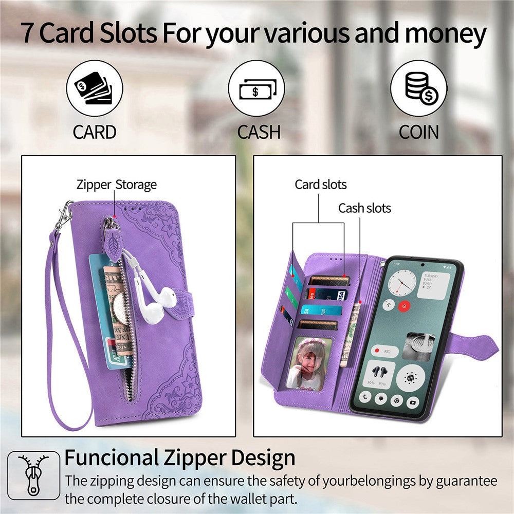 Nothing CMF Phone 1 Wallet-Handyhülle – Mit Reißverschluss & Riemen, Blumenmuster, PU-Leder