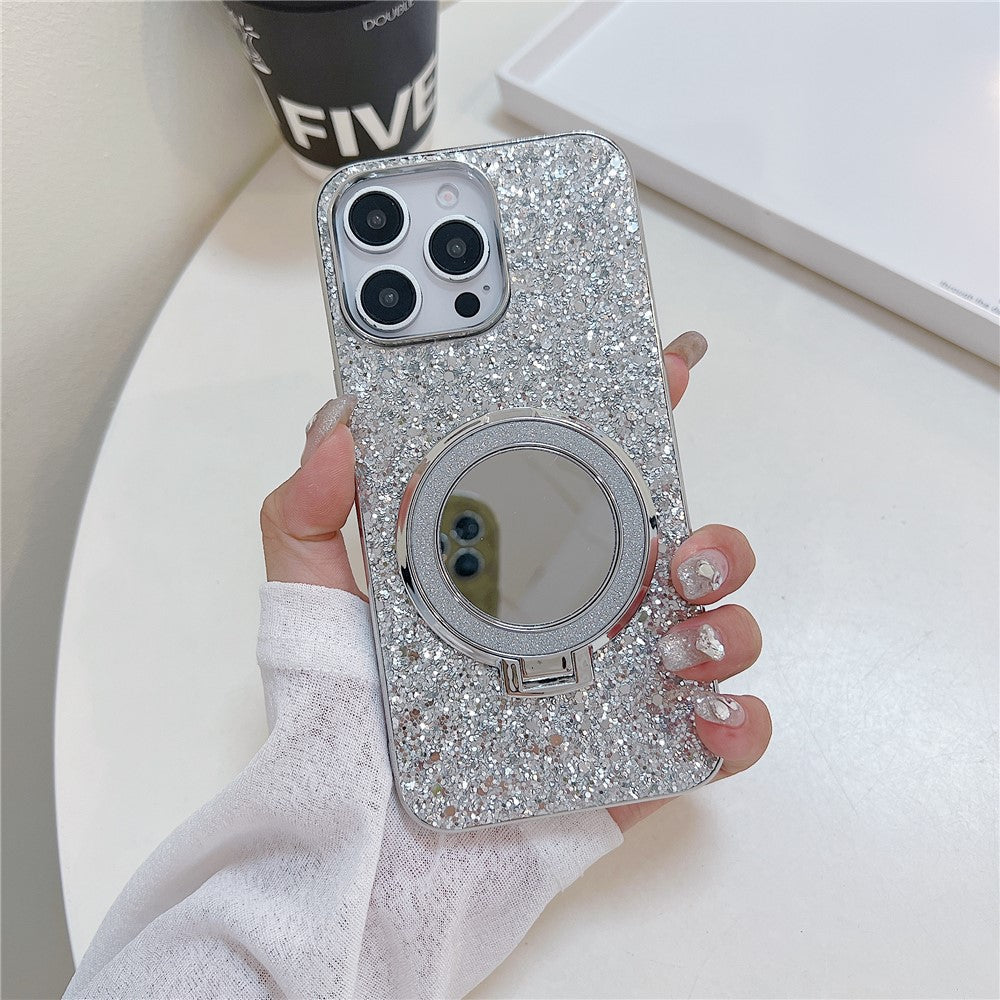 For iPhone 15 Pro Max Case TPU+PC Kickstand Phone Cover with Mirror