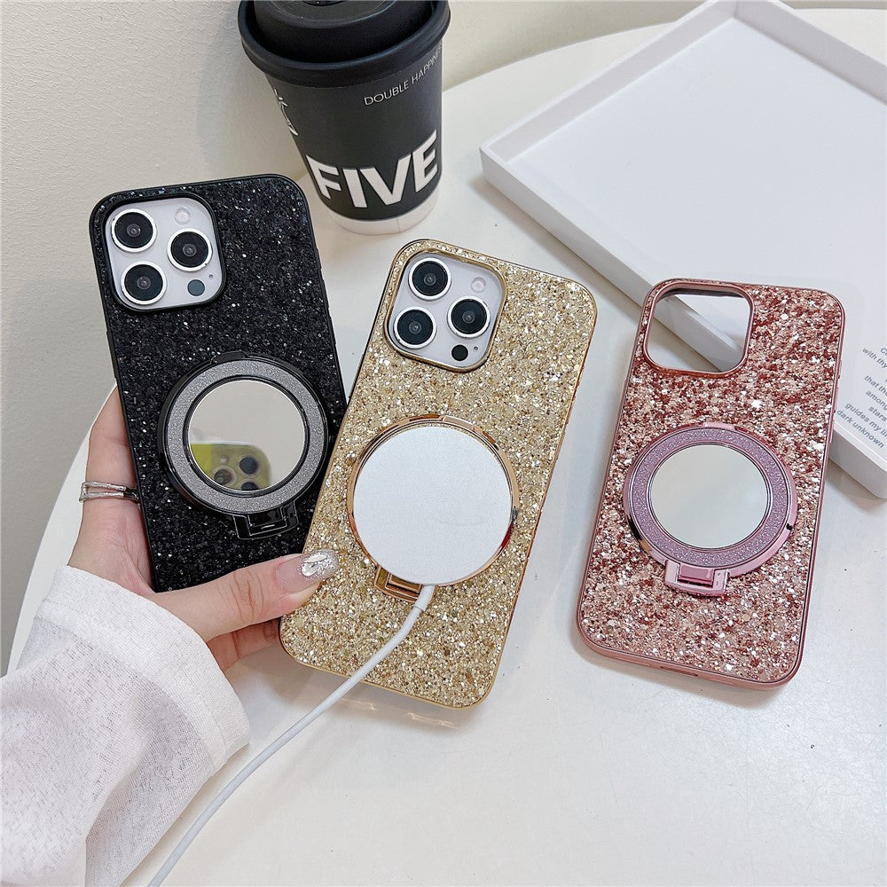 For iPhone 15 Pro Max Case TPU+PC Kickstand Phone Cover with Mirror
