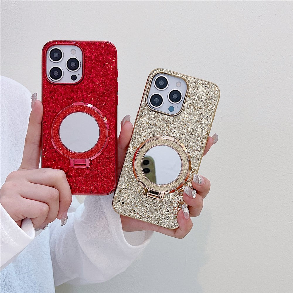 For iPhone 15 Pro Max Case TPU+PC Kickstand Phone Cover with Mirror