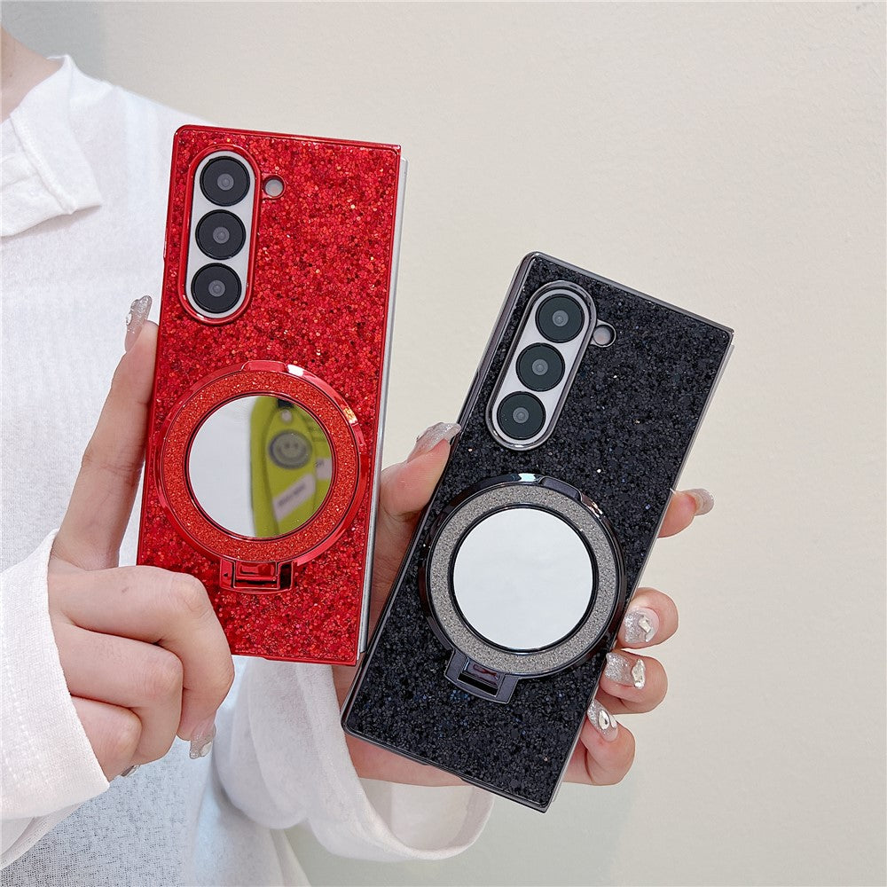 For Samsung Galaxy Z Fold6 5G Magnetic Case TPU+PC Kickstand Phone Cover with Mirror