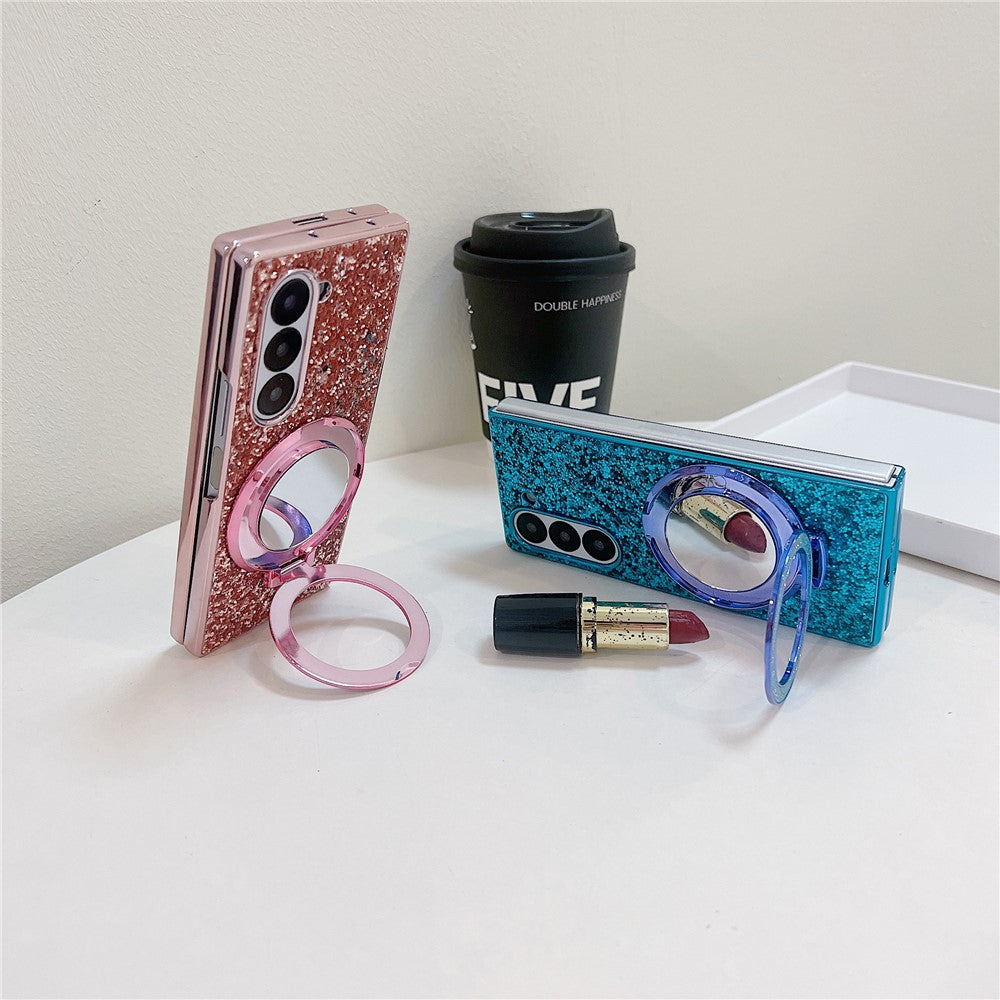 For Samsung Galaxy Z Fold6 5G Magnetic Case TPU+PC Kickstand Phone Cover with Mirror
