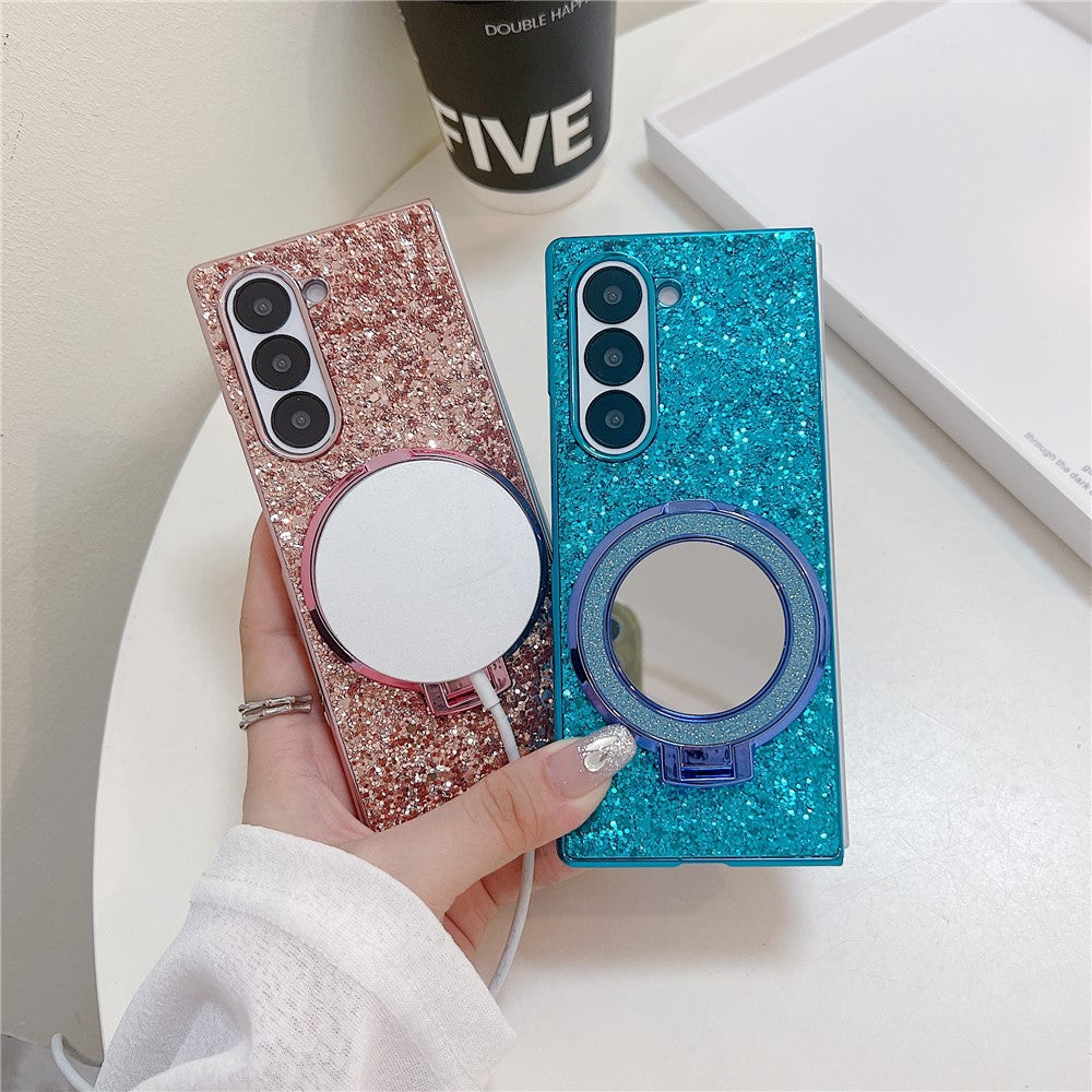 For Samsung Galaxy Z Fold6 5G Magnetic Case TPU+PC Kickstand Phone Cover with Mirror