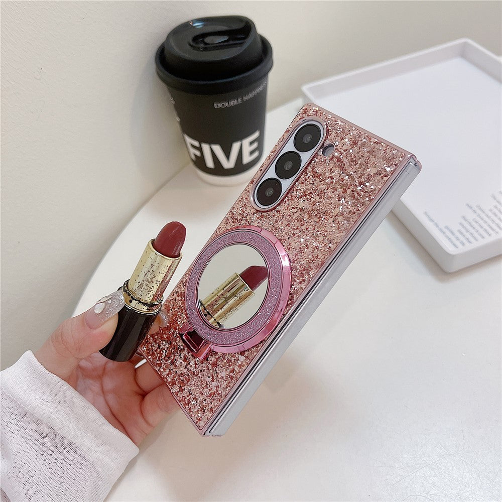 For Samsung Galaxy Z Fold6 5G Magnetic Case TPU+PC Kickstand Phone Cover with Mirror
