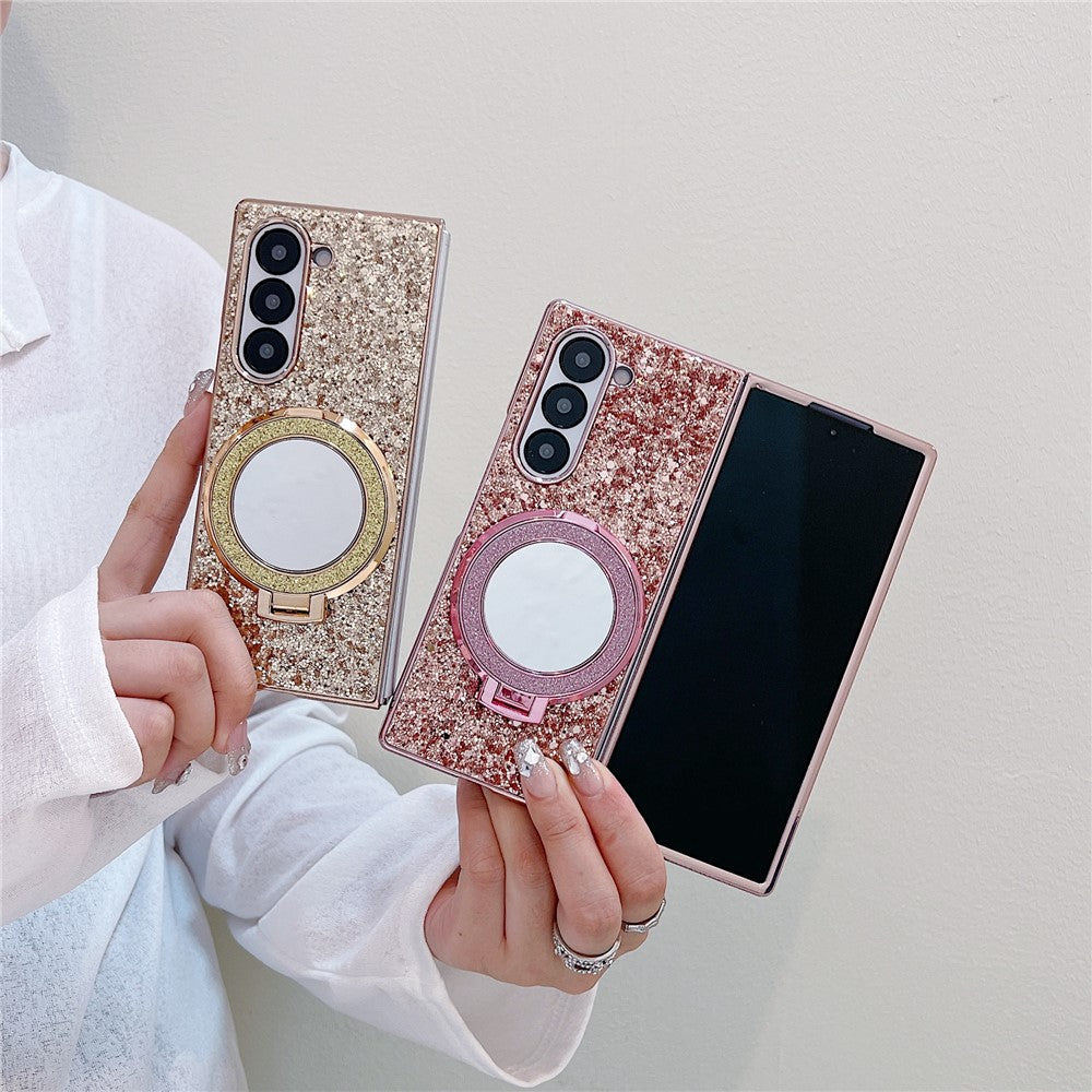 For Samsung Galaxy Z Fold6 5G Magnetic Case TPU+PC Kickstand Phone Cover with Mirror