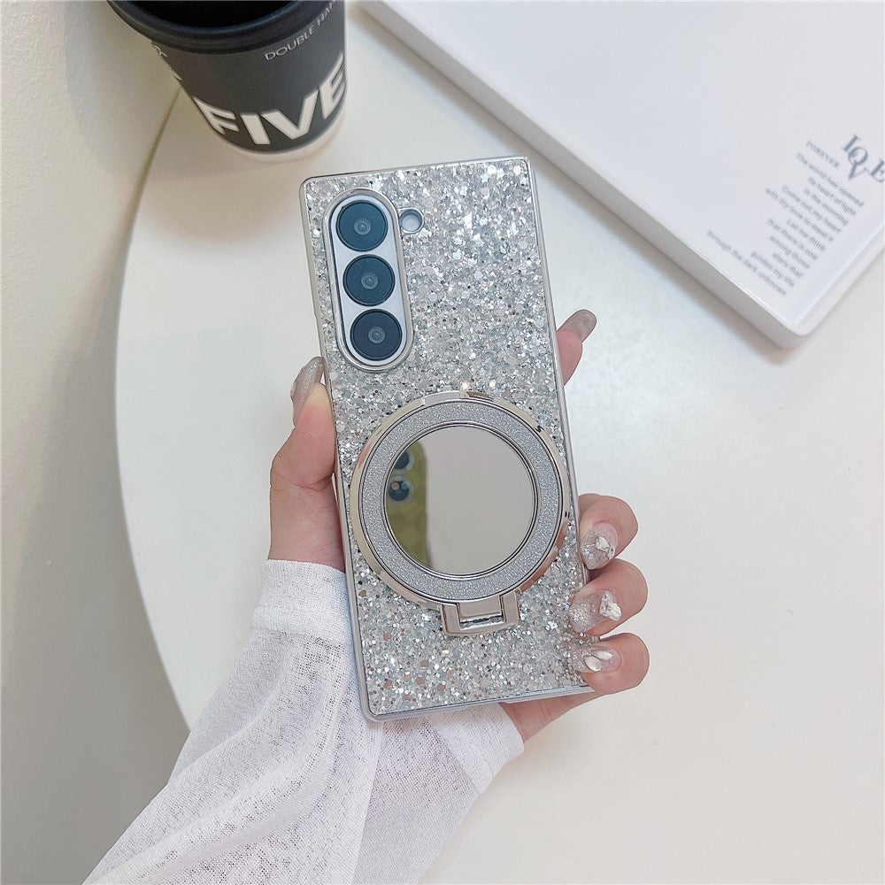 For Samsung Galaxy Z Fold6 5G Magnetic Case TPU+PC Kickstand Phone Cover with Mirror