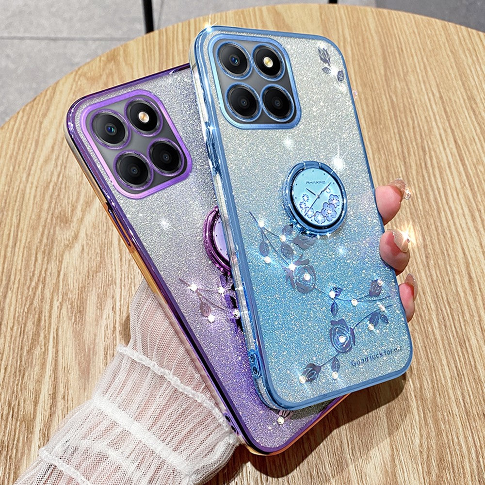 KADEM For Honor X6b 4G Case Ring Kickstand TPU Flowers Phone Cover Gradient Glitter