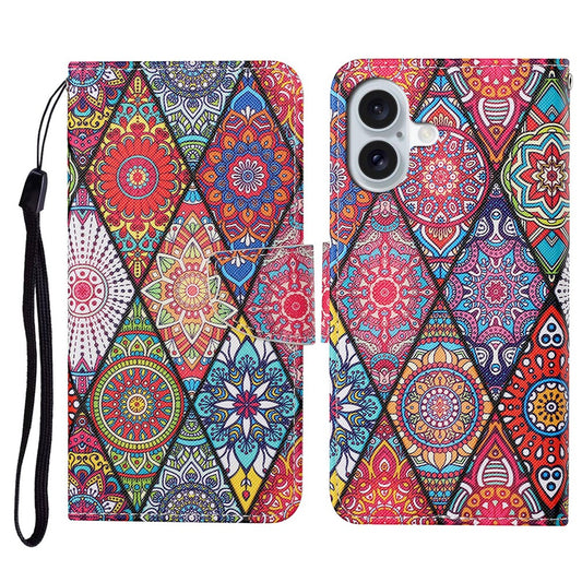 iPhone 16 Wallet-Hülle – Musterdruck, mit Ständer & Riemen