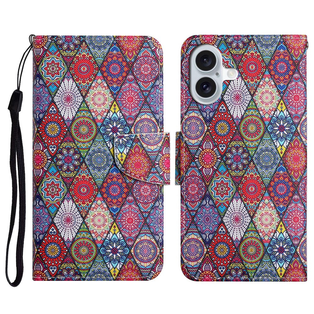 iPhone 16 Wallet-Hülle – Musterdruck, mit Ständer & Riemen
