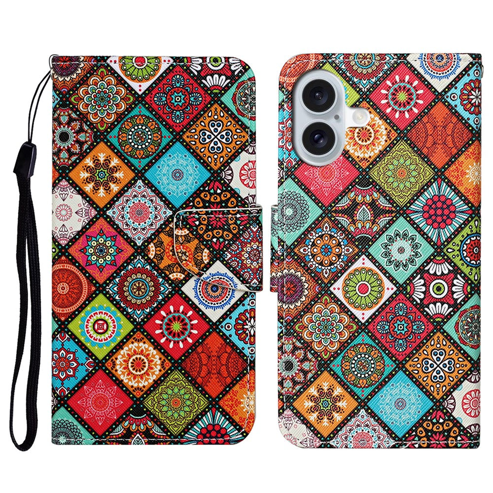 iPhone 16 Wallet-Hülle – Musterdruck, mit Ständer & Riemen