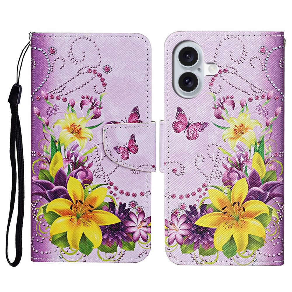 iPhone 16 Wallet-Hülle – Musterdruck, mit Ständer & Riemen