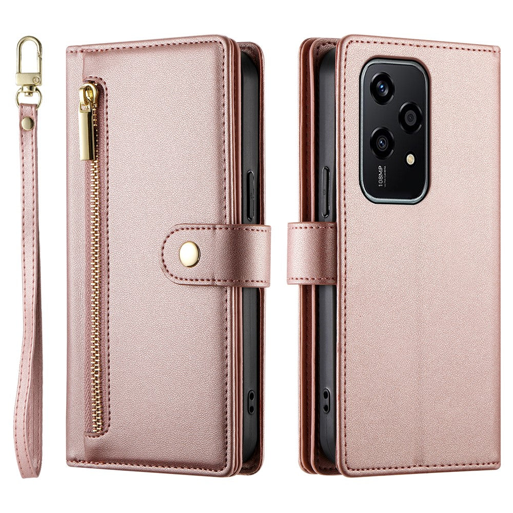 DF-011 For Honor 200 Lite Case Zipper Pocket Wallet Leather Phone Cover with Straps