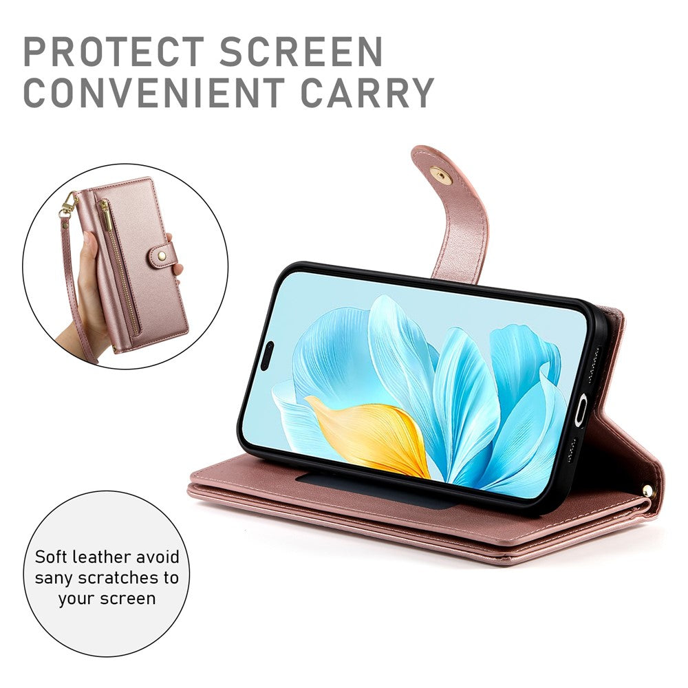 DF-011 For Honor 200 Lite Case Zipper Pocket Wallet Leather Phone Cover with Straps