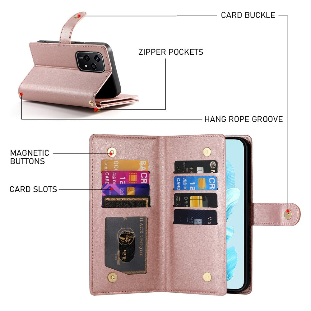 DF-011 For Honor 200 Lite Case Zipper Pocket Wallet Leather Phone Cover with Straps