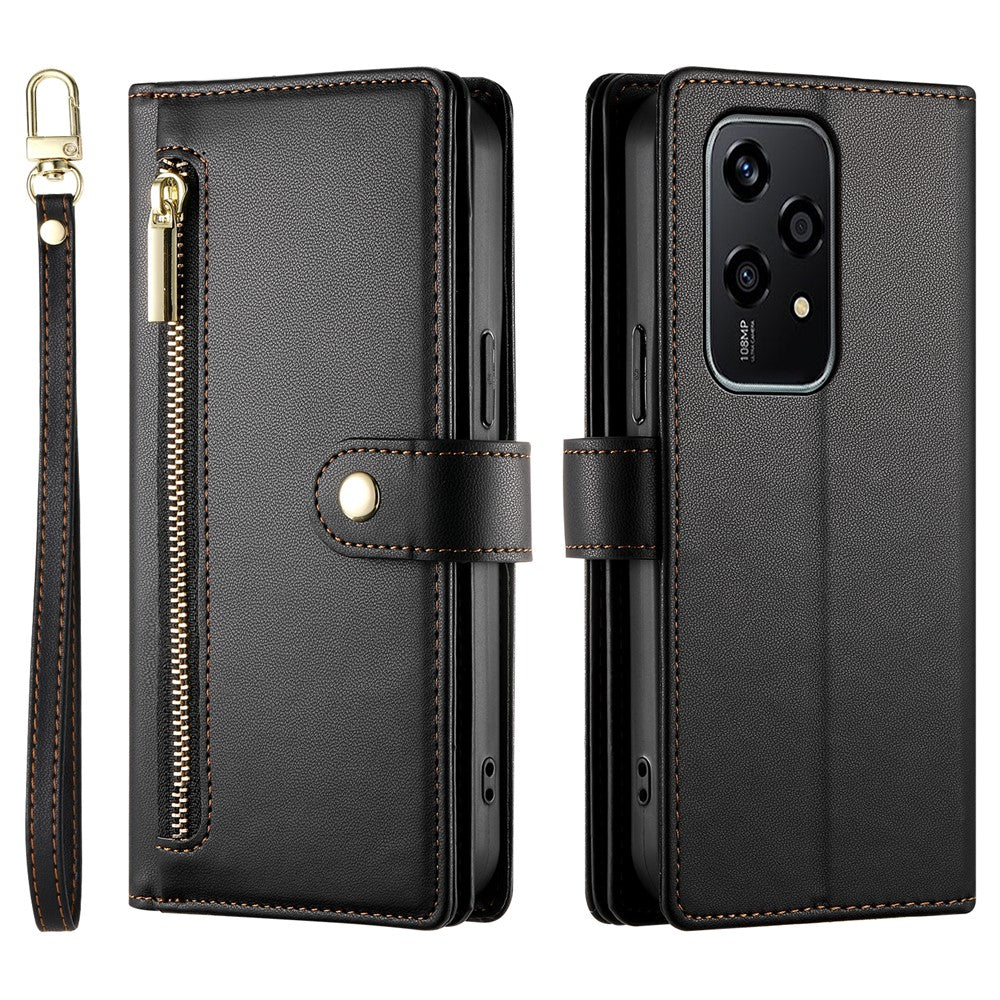 DF-011 For Honor 200 Lite Case Zipper Pocket Wallet Leather Phone Cover with Straps