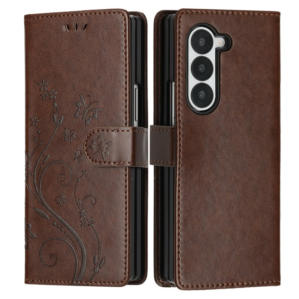 For Samsung Galaxy Z Fold6 5G Leather Wallet Case Butterfly Flower Imprinted Phone Cover with Strap