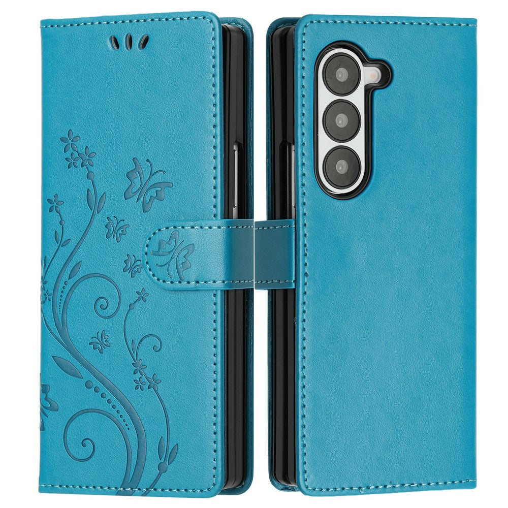 For Samsung Galaxy Z Fold6 5G Leather Wallet Case Butterfly Flower Imprinted Phone Cover with Strap