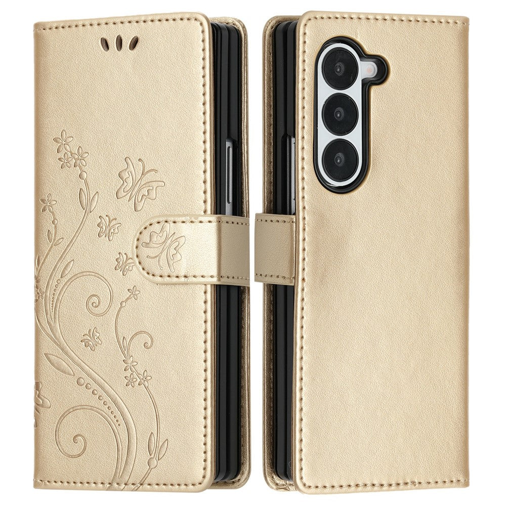 For Samsung Galaxy Z Fold6 5G Leather Wallet Case Butterfly Flower Imprinted Phone Cover with Strap