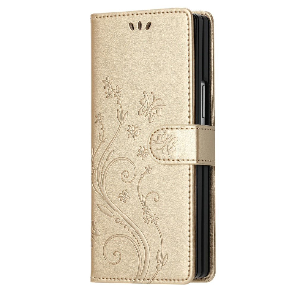 For Samsung Galaxy Z Fold6 5G Leather Wallet Case Butterfly Flower Imprinted Phone Cover with Strap
