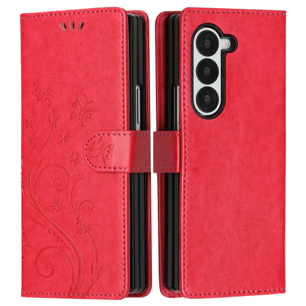 For Samsung Galaxy Z Fold6 5G Leather Wallet Case Butterfly Flower Imprinted Phone Cover with Strap