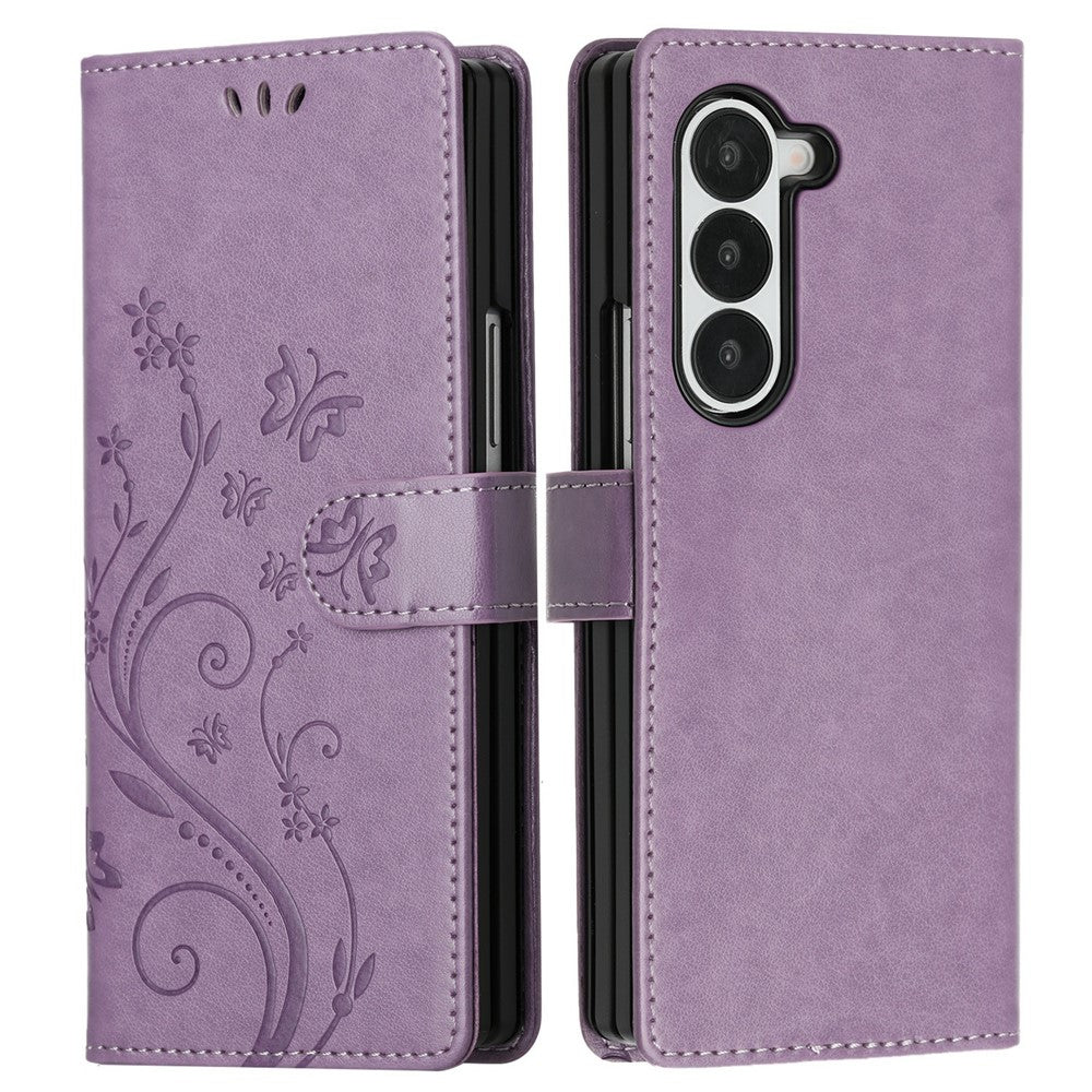 For Samsung Galaxy Z Fold6 5G Leather Wallet Case Butterfly Flower Imprinted Phone Cover with Strap