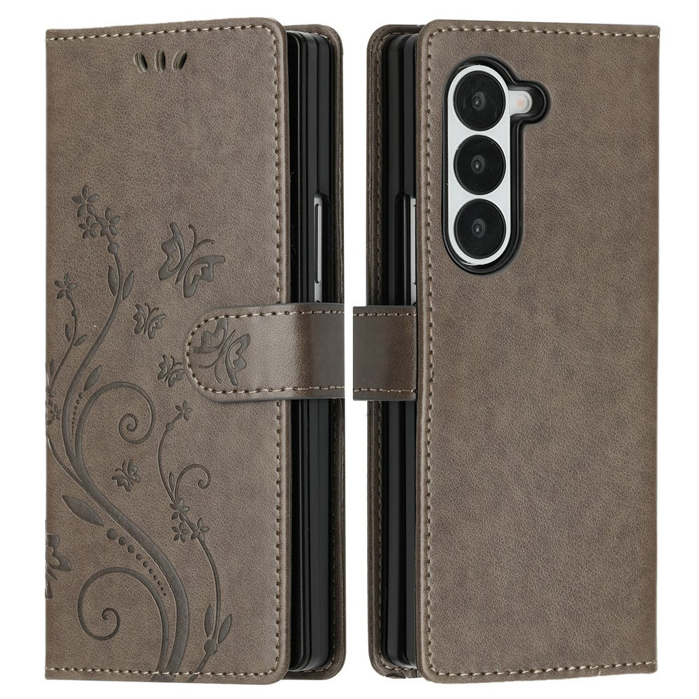For Samsung Galaxy Z Fold6 5G Leather Wallet Case Butterfly Flower Imprinted Phone Cover with Strap
