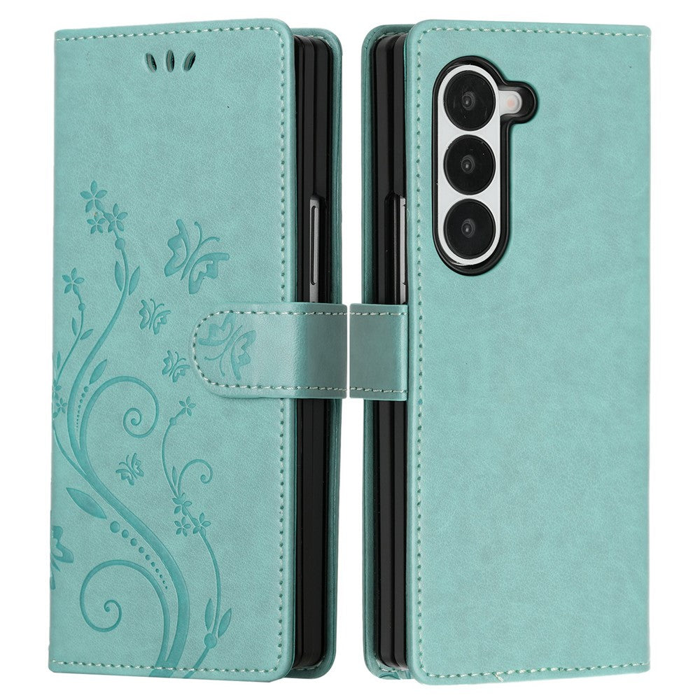 For Samsung Galaxy Z Fold6 5G Leather Wallet Case Butterfly Flower Imprinted Phone Cover with Strap
