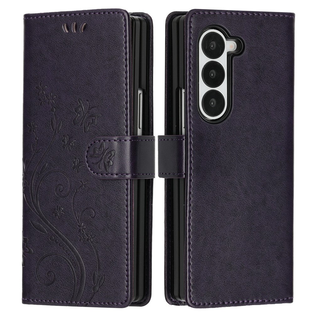 For Samsung Galaxy Z Fold6 5G Leather Wallet Case Butterfly Flower Imprinted Phone Cover with Strap