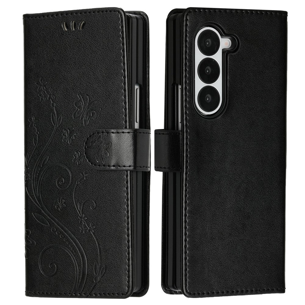 For Samsung Galaxy Z Fold6 5G Leather Wallet Case Butterfly Flower Imprinted Phone Cover with Strap