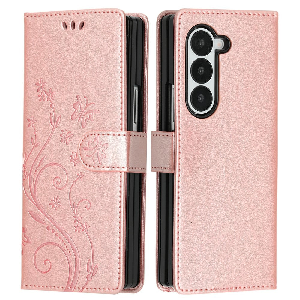 For Samsung Galaxy Z Fold6 5G Leather Wallet Case Butterfly Flower Imprinted Phone Cover with Strap