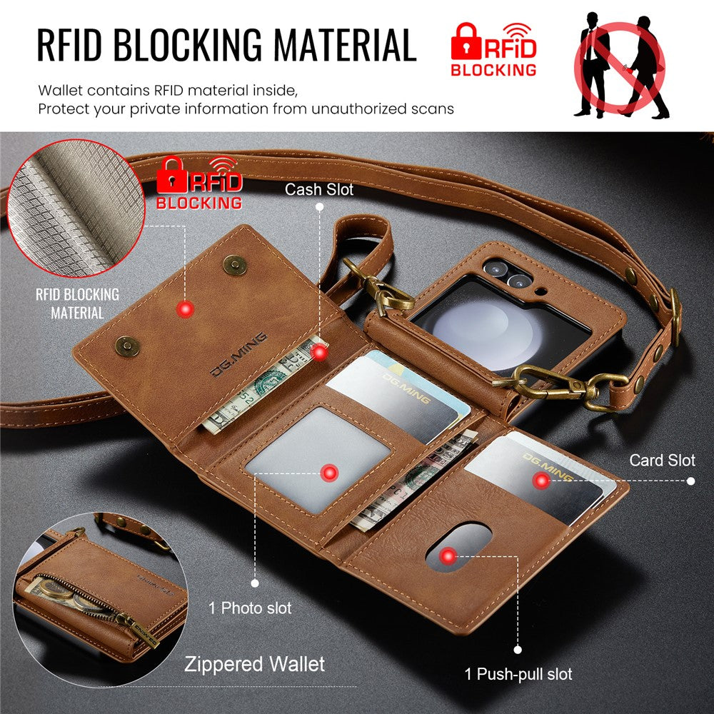 DG.MING M5 Series for Samsung Galaxy Z Flip7 FE 5G / Z Flip6 5G Case RFID Blocking Card Slots PU+PC Phone Cover