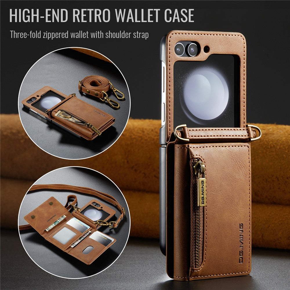 DG.MING M5 Series for Samsung Galaxy Z Flip7 FE 5G / Z Flip6 5G Case RFID Blocking Card Slots PU+PC Phone Cover