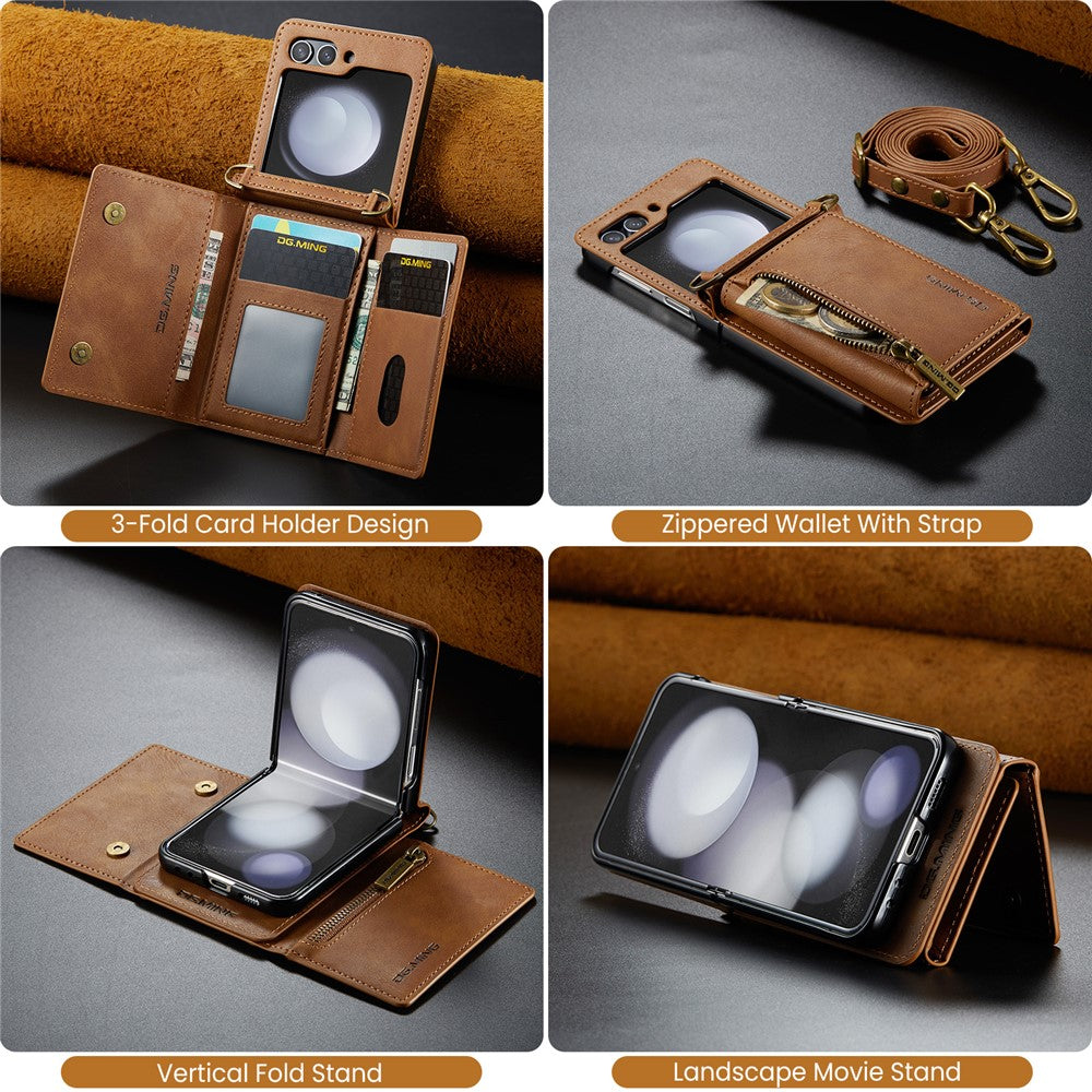 DG.MING M5 Series for Samsung Galaxy Z Flip7 FE 5G / Z Flip6 5G Case RFID Blocking Card Slots PU+PC Phone Cover