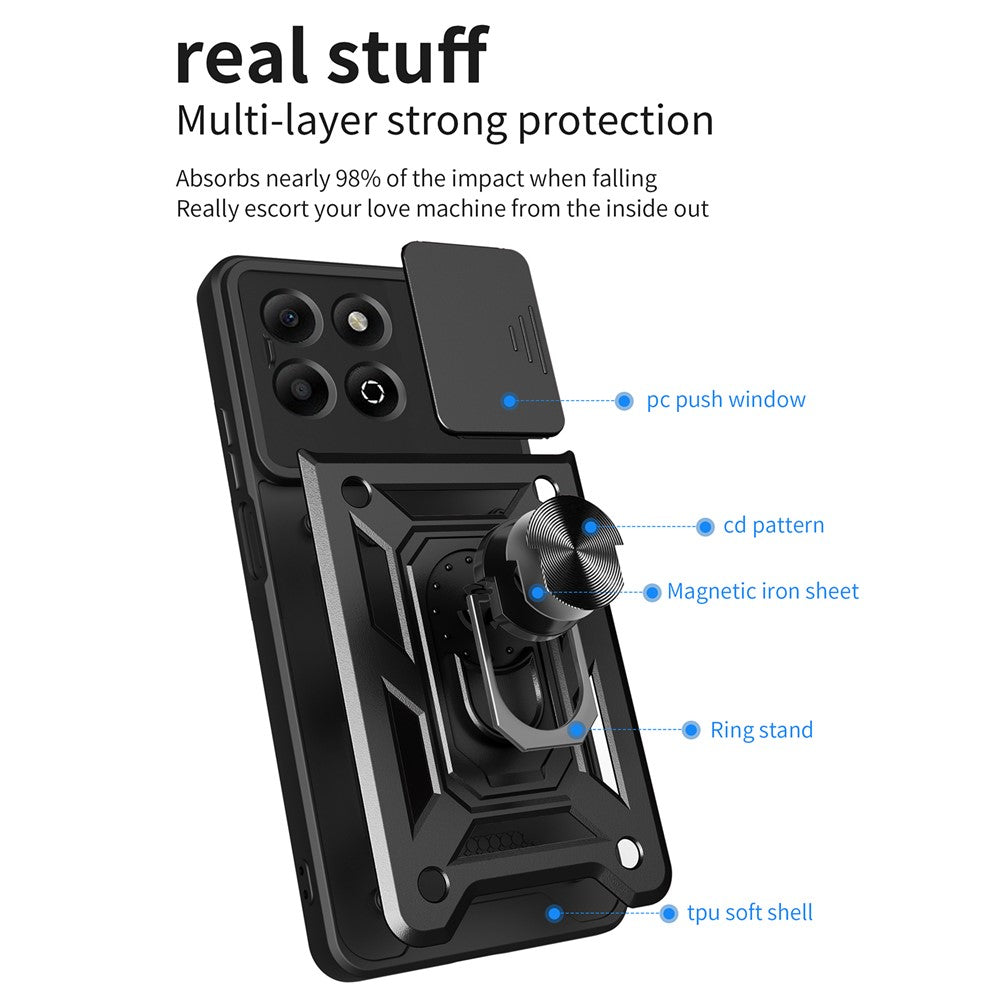 For Honor X6b 4G Case with Slide Camera Lid PC+TPU Kickstand Phone Cover