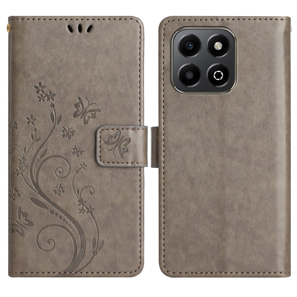 For Honor X6b 4G Leather Wallet Case Butterfly Flower Imprinted Phone Cover with Strap
