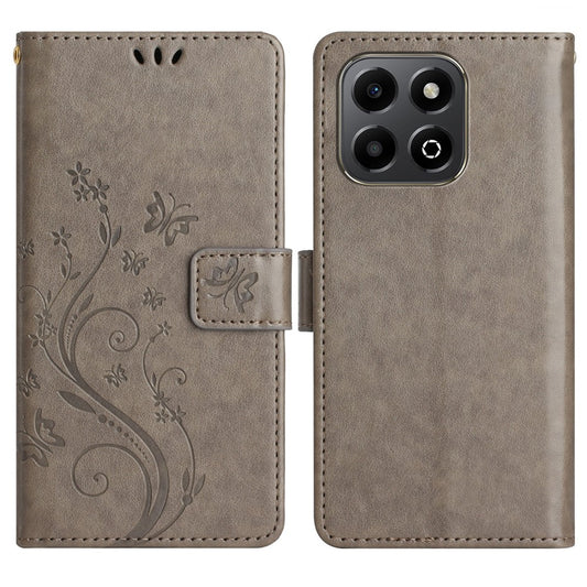 Honor X6b 4G Handyhülle – Leder-Geldbörsen- mit Schmetterlingsblumen-Aufdruck und Riemen