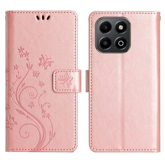 Honor X6b 4G Handyhülle – Leder-Geldbörsen- mit Schmetterlingsblumen-Aufdruck und Riemen