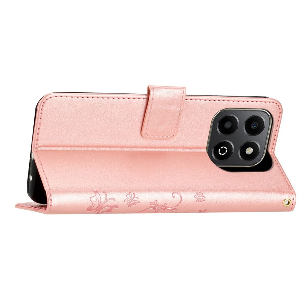 For Honor X6b 4G Leather Wallet Case Butterfly Flower Imprinted Phone Cover with Strap