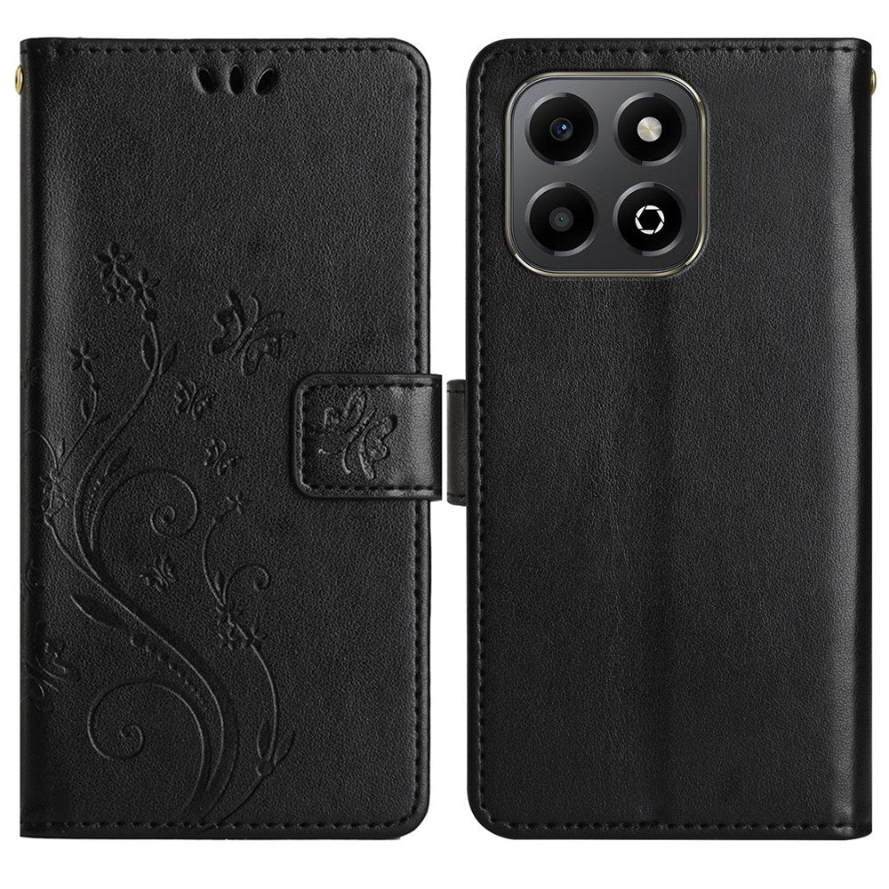 For Honor X6b 4G Leather Wallet Case Butterfly Flower Imprinted Phone Cover with Strap