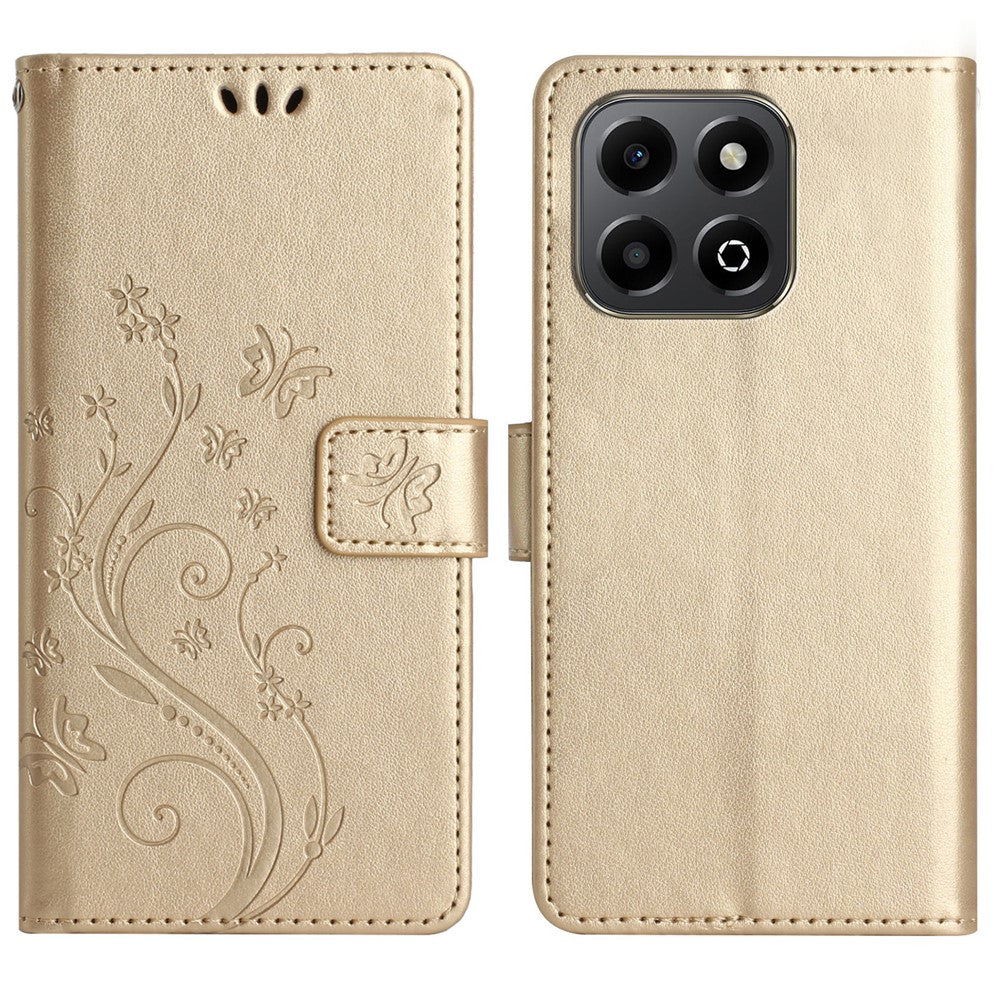 For Honor X6b 4G Leather Wallet Case Butterfly Flower Imprinted Phone Cover with Strap