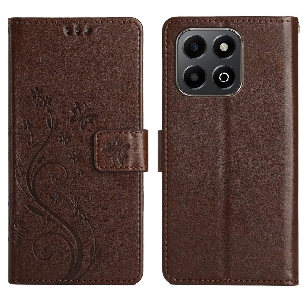 For Honor X6b 4G Leather Wallet Case Butterfly Flower Imprinted Phone Cover with Strap