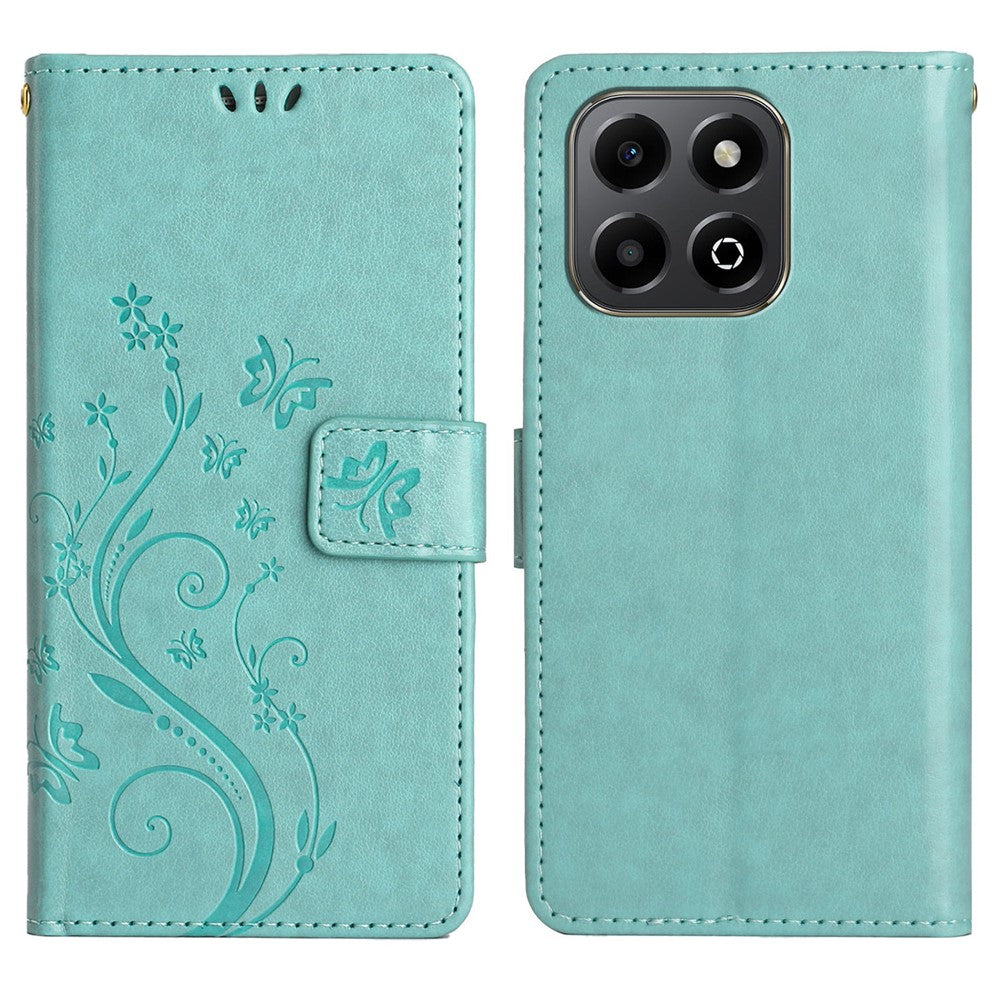 For Honor X6b 4G Leather Wallet Case Butterfly Flower Imprinted Phone Cover with Strap