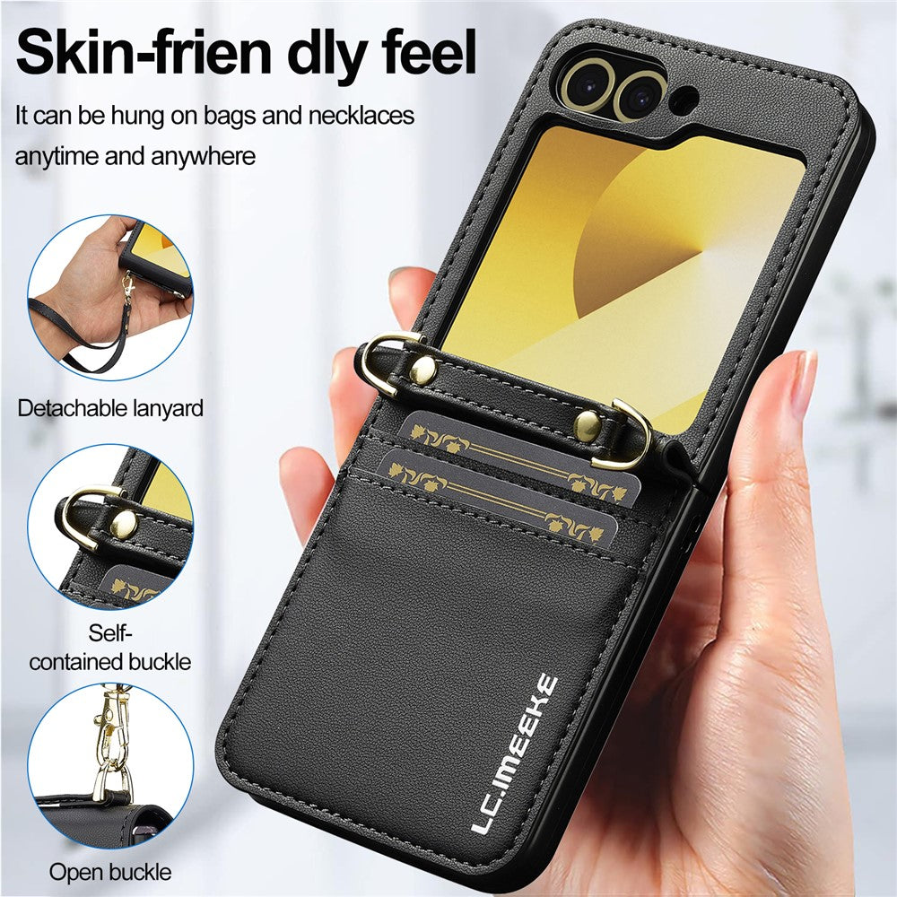 LC.IMEEKE for Samsung Galaxy Z Flip5 5G Case Leather+PC Phone Cover with Straps Card Slots