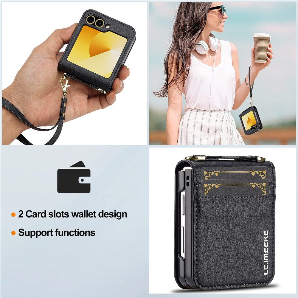 LC.IMEEKE for Samsung Galaxy Z Flip7 FE 5G / Z Flip6 5G Case Leather+PC Phone Cover with Straps Card Slots