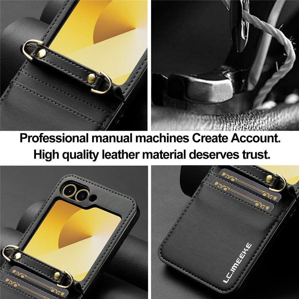 LC.IMEEKE for Samsung Galaxy Z Flip7 FE 5G / Z Flip6 5G Case Leather+PC Phone Cover with Straps Card Slots
