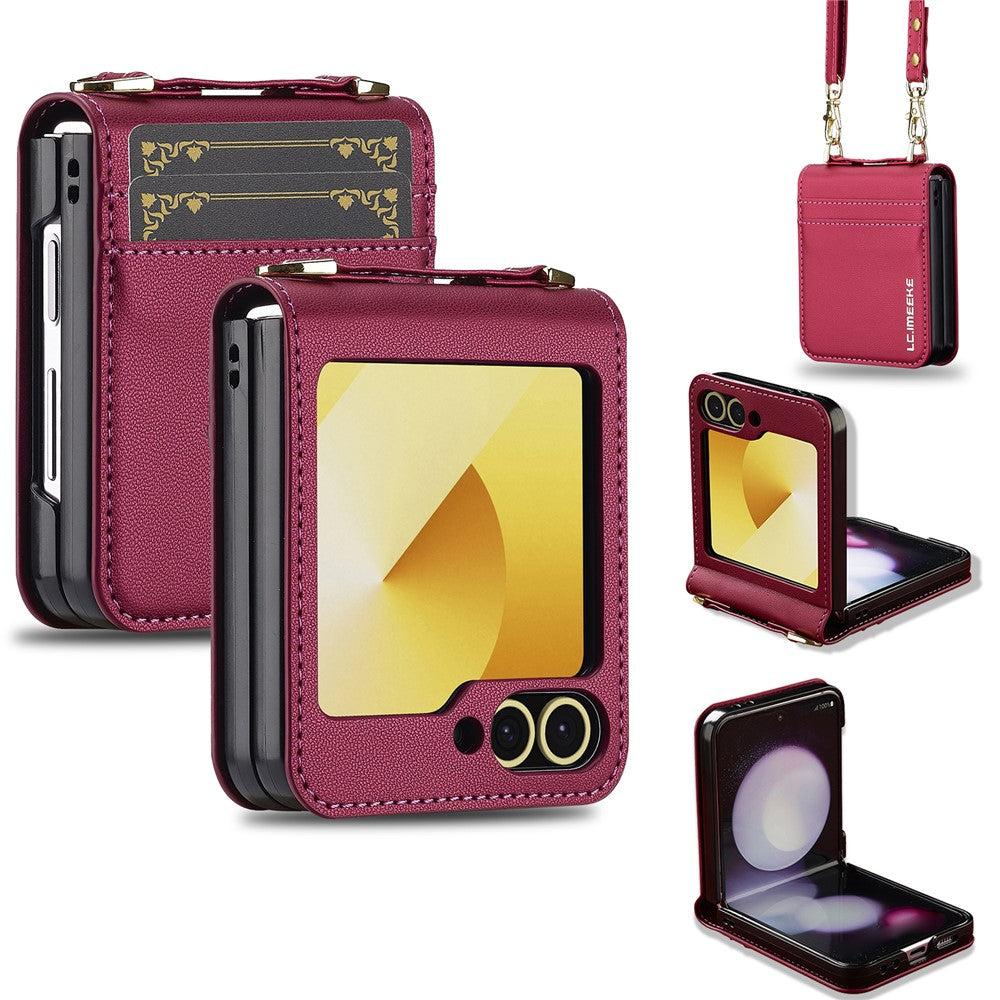 LC.IMEEKE for Samsung Galaxy Z Flip7 FE 5G / Z Flip6 5G Case Leather+PC Phone Cover with Straps Card Slots